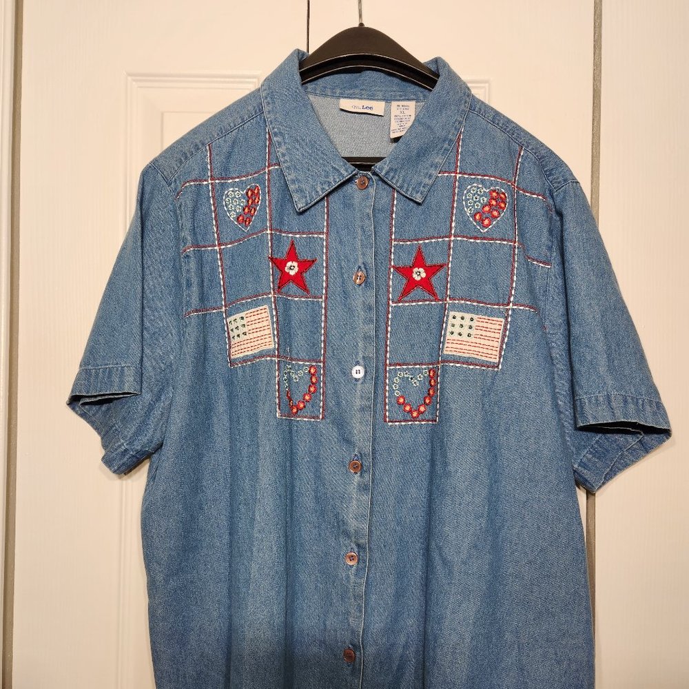 Ms. Lee Embroidered Short-sleeves Denim Shirt Women`s(XL)